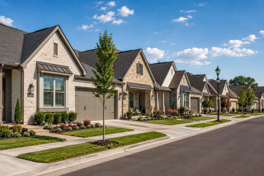 A street of single-story stone-and-brick patio homes with attached garages and landscaped front yards
