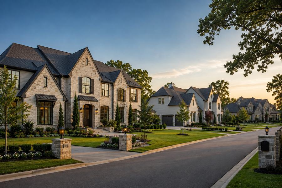 Large two-story stone and painted-brick homes at dusk on wide, deep lots with mature landscaping