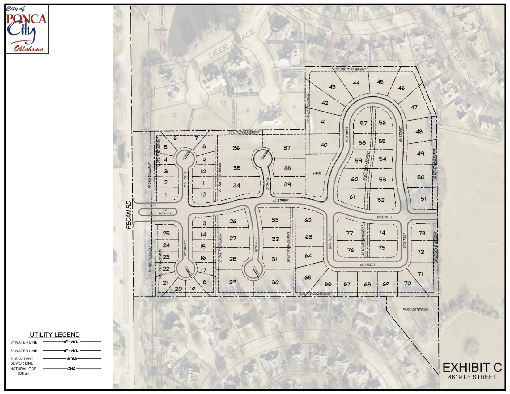 Conceptual Plat C for Fox Hollow, showing all 77 lots, two interior streets, a central park and a south detention area